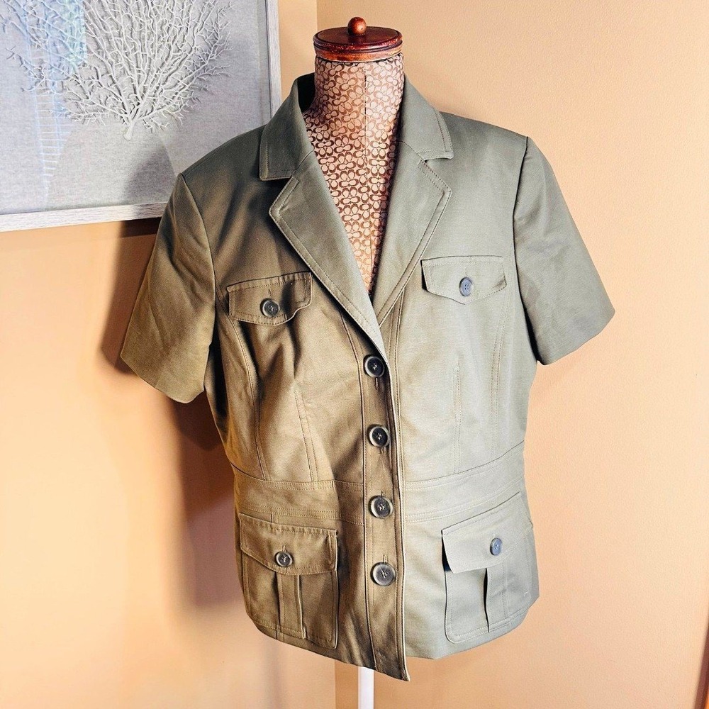 Kasper Green Safari Blazer with Leopard Print Lining Size 14